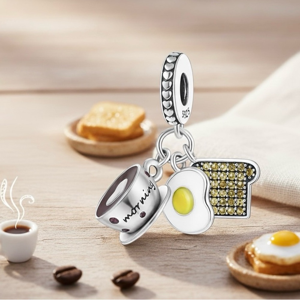Charm for Pandora Bracelet Sterling Silver 925 coffee ☕️  bread 🍞 an egg 🍳